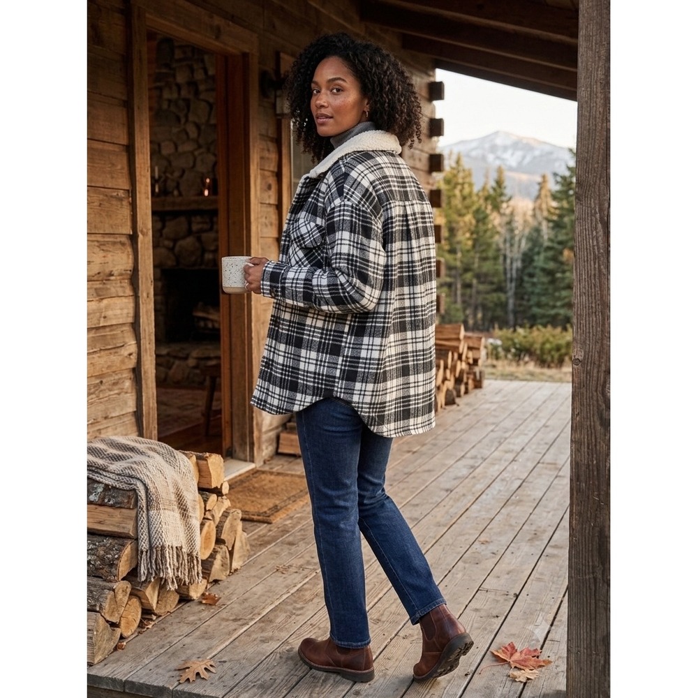 Stanton Black White Plaid Sherpa Lined Shacket Wool Blend SJ1584 Womens Small